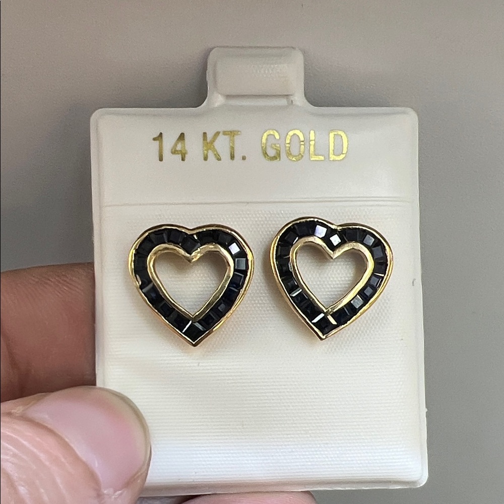 14K Gold Blue Sapphire, Heart Stud Earrings